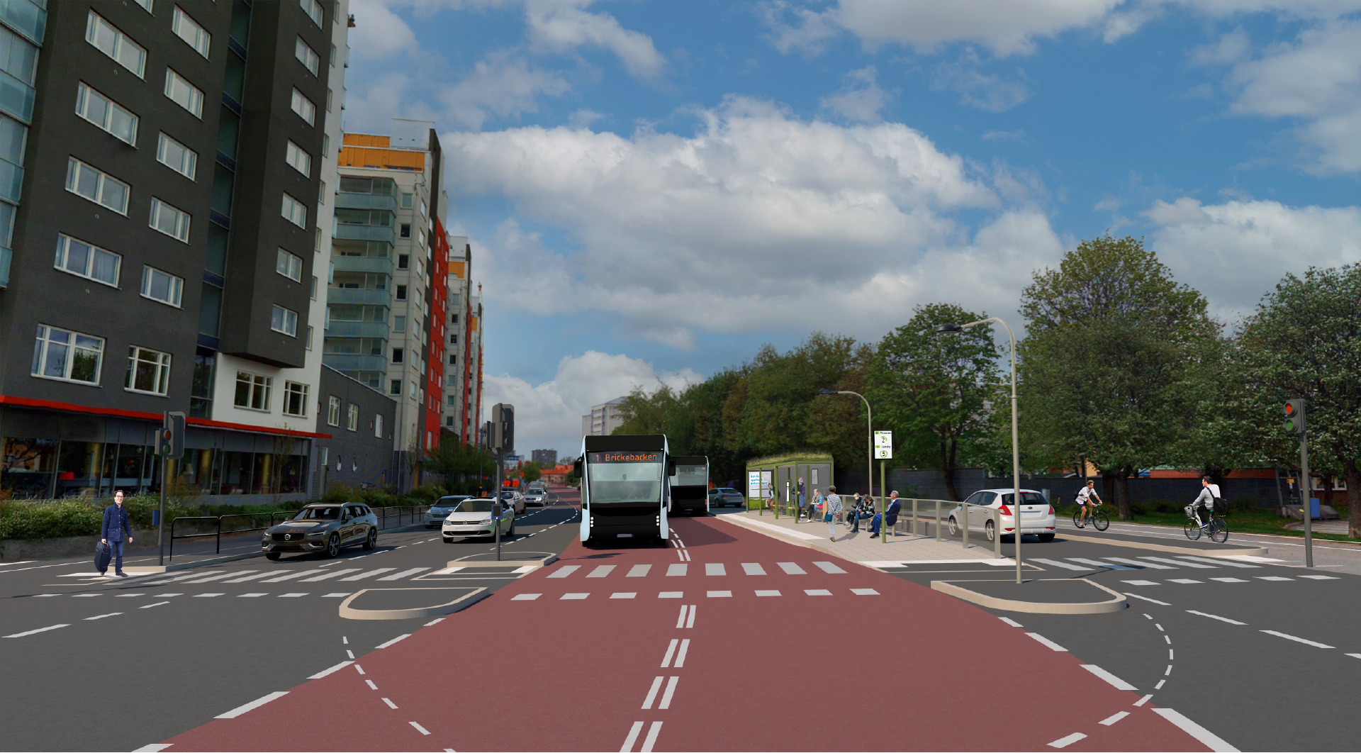 Illustration: Rudbecksgatan med de nya BRT-bussarna i egna körfält.