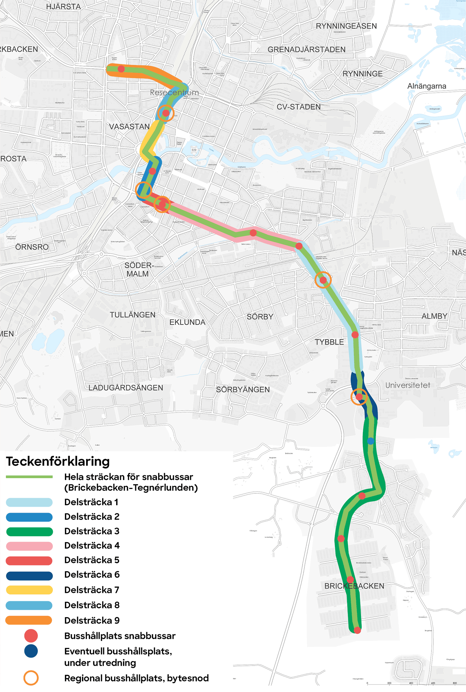 Karta där etapp 1 mellan Brickebacken, via centrum till Tegnérlunden är utmärkt med en grön linje.