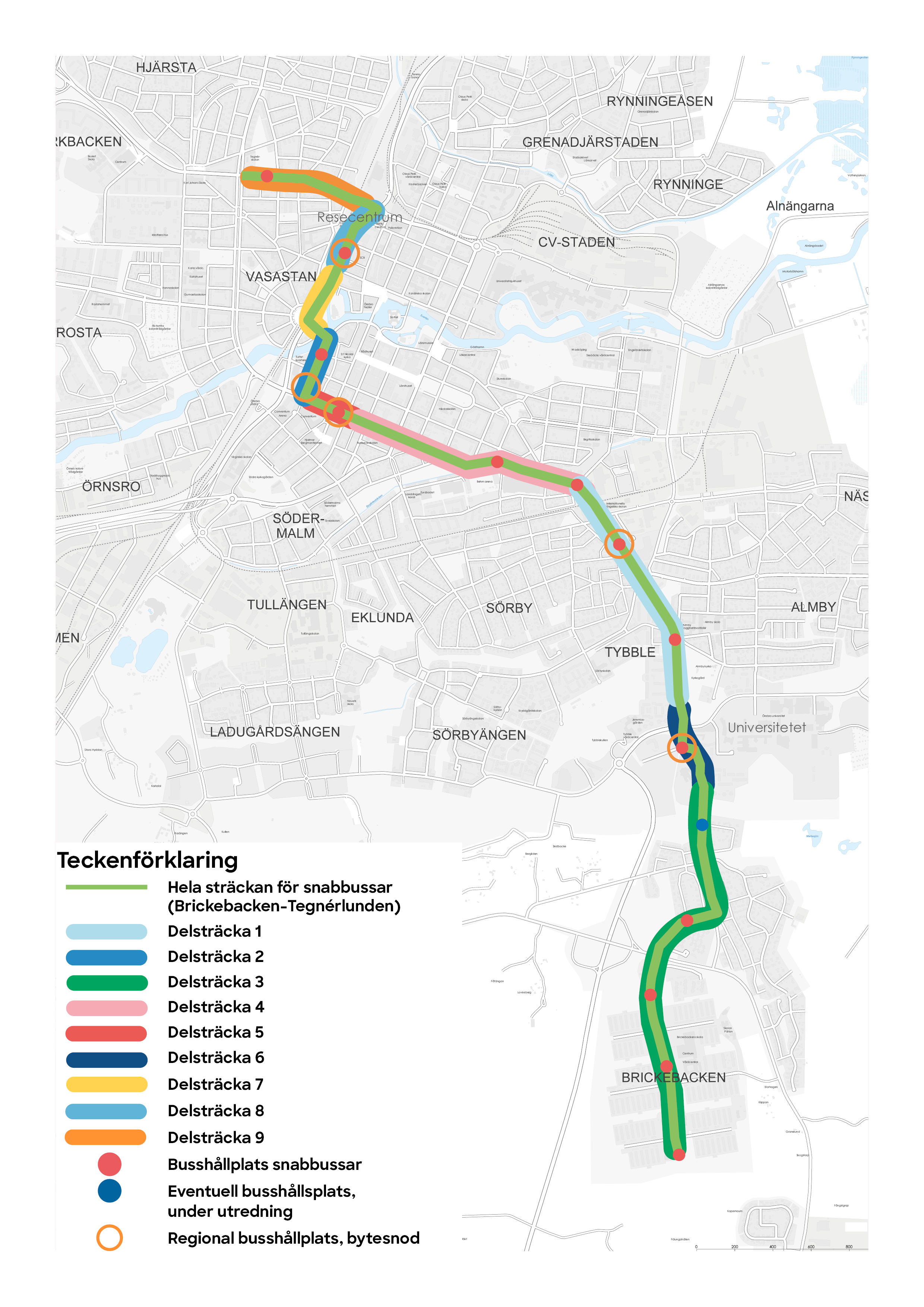 Karta där etapp 1 mellan Brickebacken, via centrum till Tegnérlunden är utmärkt med en grön linje.